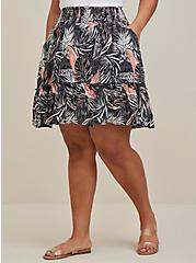 Smocked Waist Ruffle Mini Skirt - Challis Tropical Leaves Black , LEAVES - BLACK, alternate