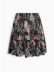 Smocked Waist Ruffle Mini Skirt - Challis Tropical Leaves Black , LEAVES - BLACK, hi-res