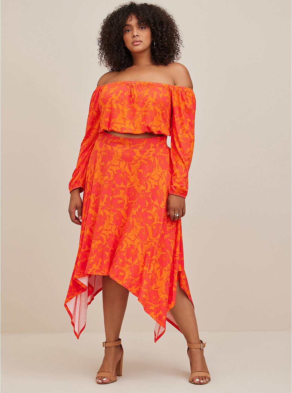Plus Size Handkerchief Hem Maxi Skirt - Super Soft Floral Orange, FLORAL - ORANGE, hi-res