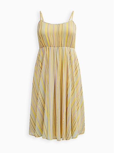 Plus Size Pleated Midi Dress - Chiffon Striped Yellow, STRIPE - YELLOW, hi-res