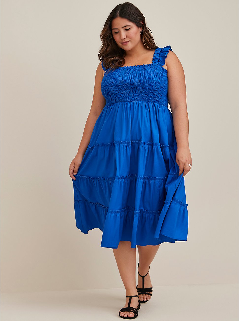 Plus Size Smocked Tiered Midi Dress - Poplin Blue, NAUTICAL BLUE: BLUE, hi-res