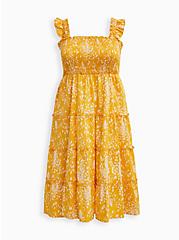 Plus Size Smocked Tiered Midi Dress - Poplin Leopard Yellow, LEOPARD - YELLOW, hi-res