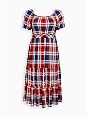 Plus Size Puff Sleeve Tiered Maxi Dress - Challis Plaid Red & Blue, PLAID - WHITE, hi-res