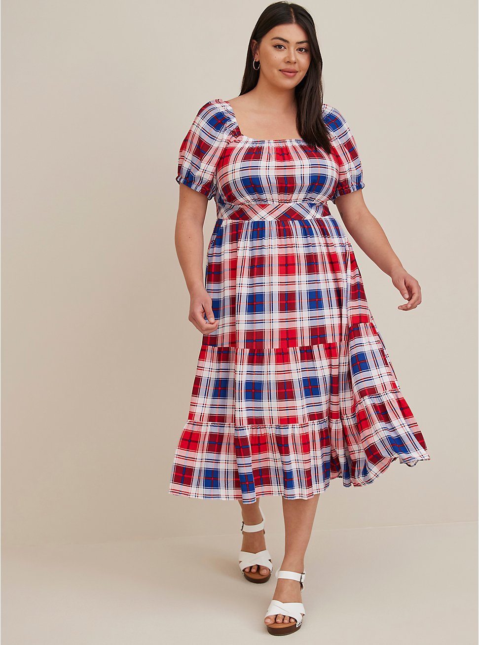 Plus Size Puff Sleeve Tiered Maxi Dress - Challis Plaid Red & Blue, PLAID - WHITE, hi-res