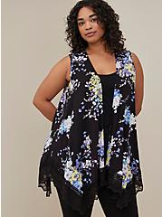 Lace Trim Vest - Textured Stretch Rayon Floral Black, FLORAL - BLACK, hi-res