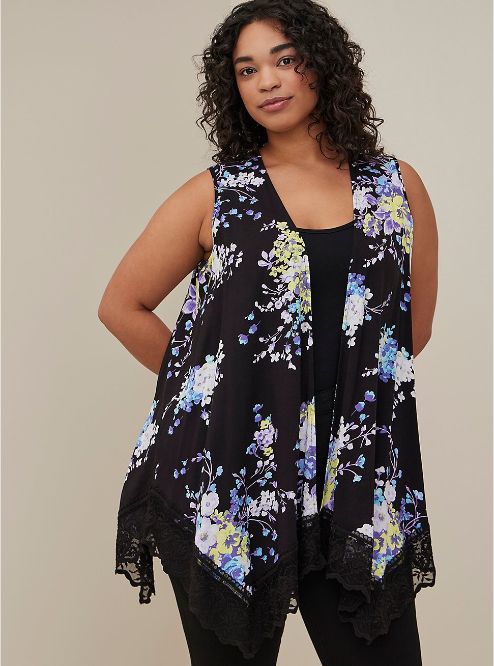 Plus Size Lace Trim Vest - Textured Stretch Rayon Floral Black, FLORAL - BLACK, hi-res
