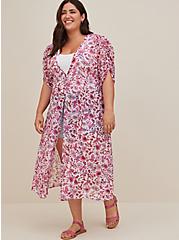 Plus Size Ruched Sleeve Kimono - Swiss Dot Chiffon Floral Pink, FLORAL - PINK, alternate