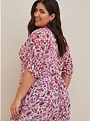 Plus Size Ruched Sleeve Kimono - Swiss Dot Chiffon Floral Pink, FLORAL - PINK, alternate