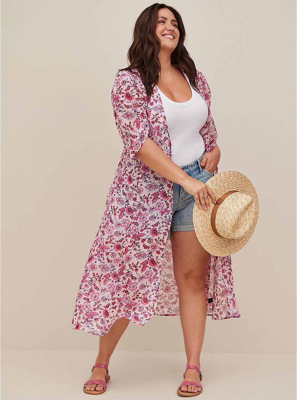 Plus Size Ruched Sleeve Kimono - Swiss Dot Chiffon Floral Pink, FLORAL - PINK, hi-res