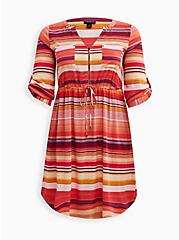 Plus Size Zip Front Shirt Dress - Stretch Challis Striped Orange, STRIPE - MULTI, hi-res