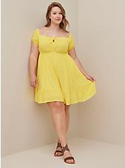Plus Size Puff Sleeve Tiered Mini Dress - Crinkle Gauze Yellow, YELLOW, alternate