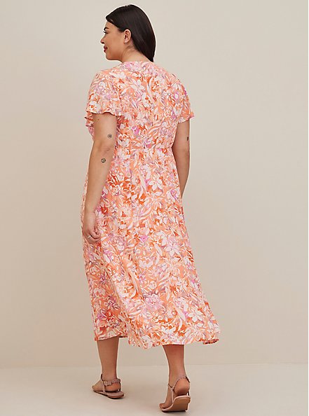 Plus Size Lace Up Tea Length Dress - Crinkle Gauze Floral Coral, FLORAL ORANGE, alternate