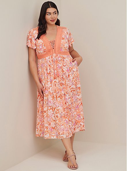 Plus Size Lace Up Tea Length Dress - Crinkle Gauze Floral Coral, FLORAL ORANGE, hi-res