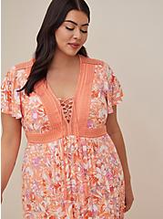 Plus Size Lace Up Tea Length Dress - Crinkle Gauze Floral Coral, FLORAL - ORANGE, alternate