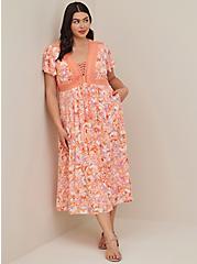 Plus Size Lace Up Tea Length Dress - Crinkle Gauze Floral Coral, FLORAL - ORANGE, hi-res