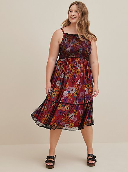 Plus Size Smocked Tiered Midi Dress - Swiss Dot Mesh Floral Red, FLORAL - RED, alternate