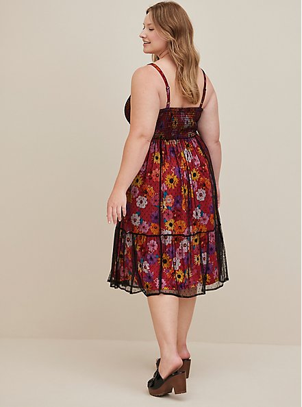 Plus Size Smocked Tiered Midi Dress - Swiss Dot Mesh Floral Red, FLORAL - RED, alternate
