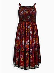 Plus Size Smocked Tiered Midi Dress - Swiss Dot Mesh Floral Red, FLORAL - RED, hi-res