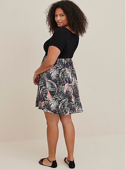 Plus Size Smocked Mini Dress - Jersey & Challis Floral Black , TROPICAL, alternate