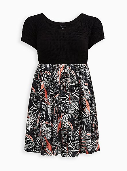 Plus Size Smocked Mini Dress - Jersey & Challis Floral Black , TROPICAL, hi-res