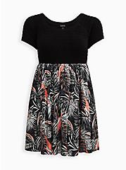 Smocked Mini Dress - Jersey & Challis Floral Black , TROPICAL, hi-res