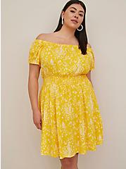 Plus Size Off Shoulder Smocked Mini Dress - Leopard Yellow, LEOPARD - YELLOW, alternate