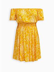 Plus Size Off Shoulder Smocked Mini Dress - Leopard Yellow, LEOPARD - YELLOW, hi-res