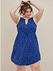 Plus Size Crochet Yoke Zip-Front Shirt Dress - Stretch Challis Doodle Blue, LEOPARD-BLUE, alternate