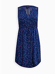 Plus Size Crochet Yoke Zip-Front Shirt Dress - Stretch Challis Doodle Blue, LEOPARD-BLUE, hi-res