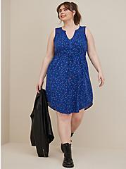 Plus Size Crochet Yoke Zip-Front Shirt Dress - Stretch Challis Doodle Blue, LEOPARD-BLUE, hi-res