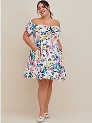 Plus Size Puff Sleeve Tiered Mini Dress - Crinkle Gauze Floral White, FLORAL - WHITE, alternate
