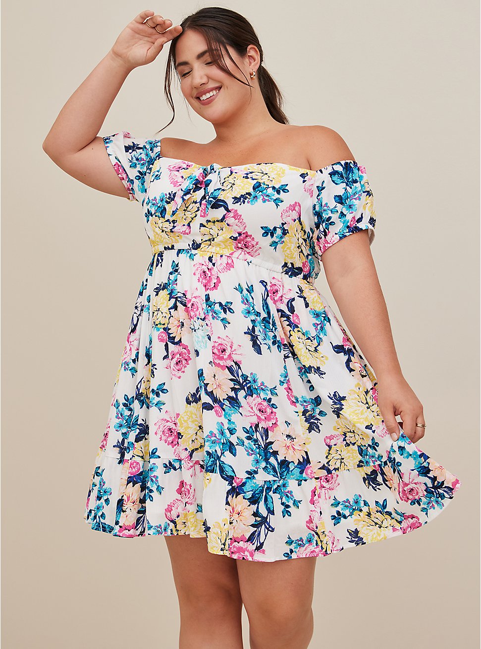 Plus Size Puff Sleeve Tiered Mini Dress - Crinkle Gauze Floral White, FLORAL - WHITE, hi-res