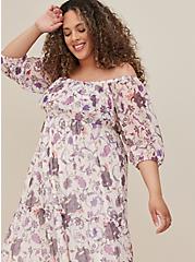 Off Shoulder Puff Sleeve Tiered Maxi Dress - Mesh Floral Grey & Purple, FLORAL GREY, alternate