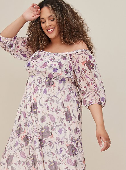 Plus Size Off Shoulder Puff Sleeve Tiered Maxi Dress - Mesh Floral Grey & Purple, FLORAL - GREY, alternate