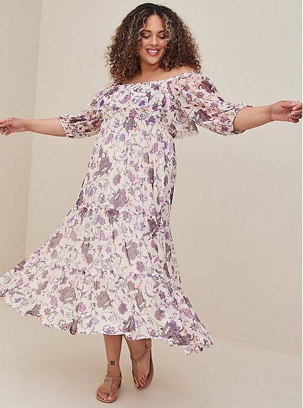 Plus Size Off Shoulder Puff Sleeve Tiered Maxi Dress - Mesh Floral Grey & Purple, FLORAL - GREY, hi-res