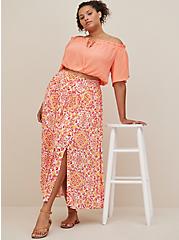 Plus Size Off Shoulder Crop & Maxi Skirt Set - Crinkle Gauze Medallion Coral, MEDALLION - PINK, hi-res