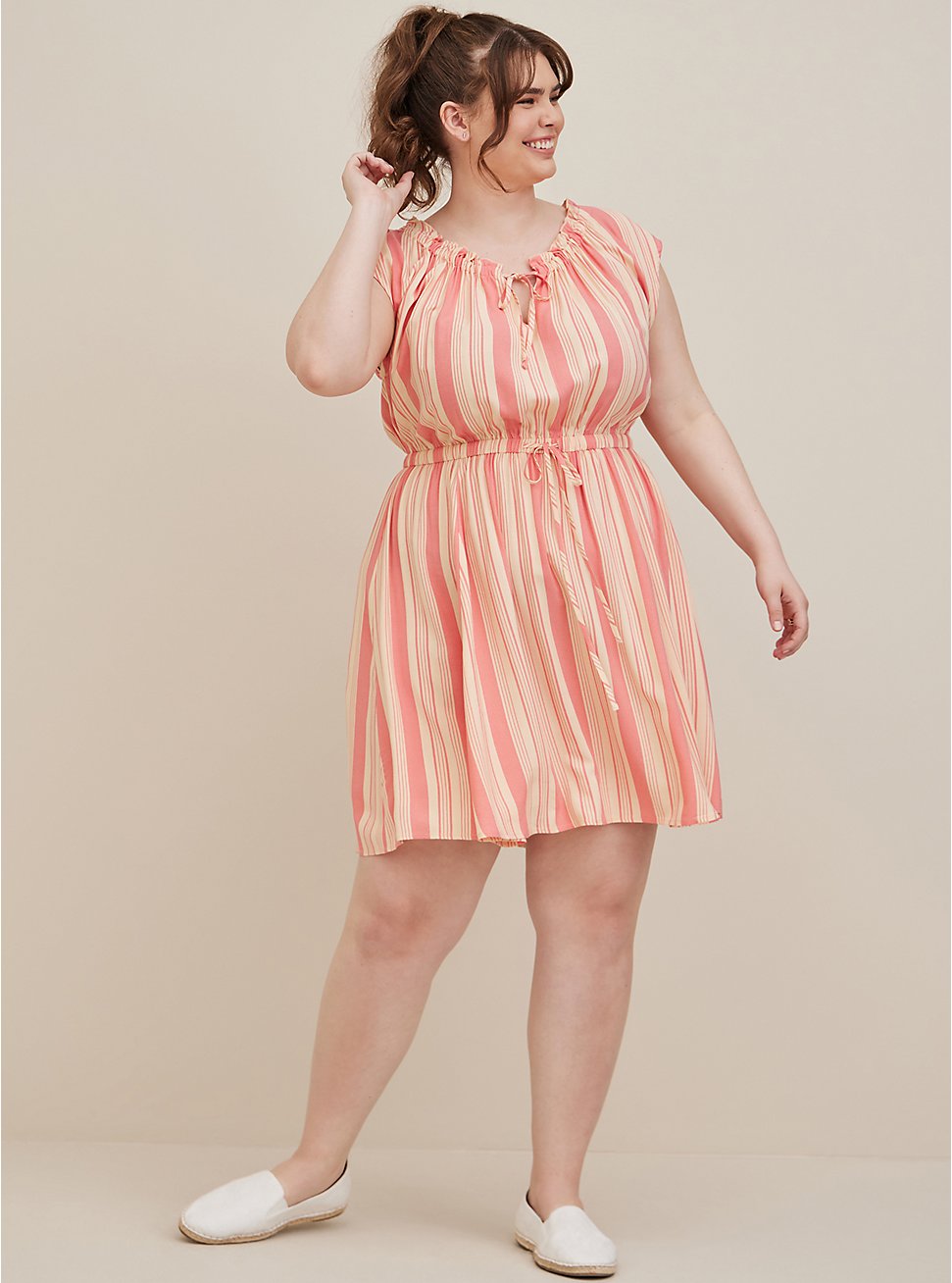 Tie Front Mini Dress - Challis Stripes Pink, STRIPE PINK, hi-res