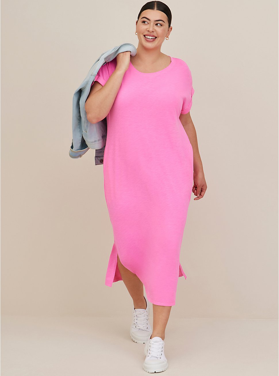 Plus Size Side Slit T-Shirt Dress - Jersey Pink, PINK GLO, hi-res