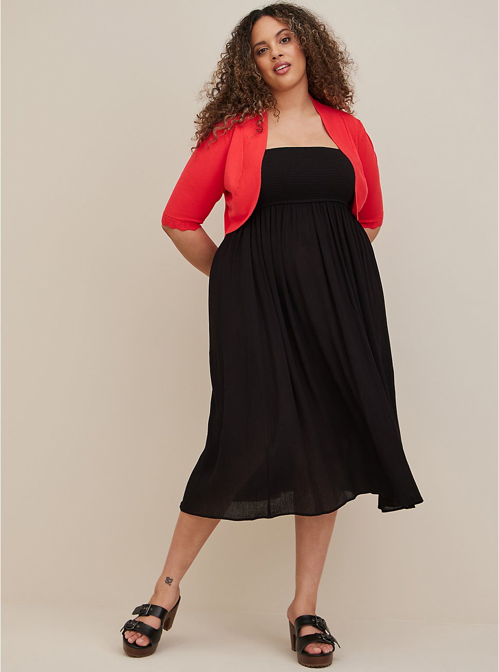 Plus Size Convertible Smocked Midi Dress - Crinkle Gauze Black, DEEP BLACK, hi-res
