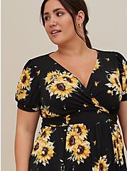 Plus Size Puff Sleeve Surplice Mini Dress - Studio Knit Floral Black, SUNFLOWERS, alternate