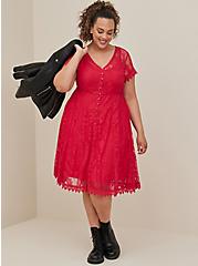 Plus Size Button Front Mini Shirt Dress - Lace & Mesh Pink, VIVA MAGENTA, hi-res