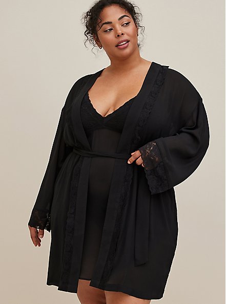 Plus Size Lace Trim Sleep Robe - Chiffon & Lace Black, BLACK, hi-res