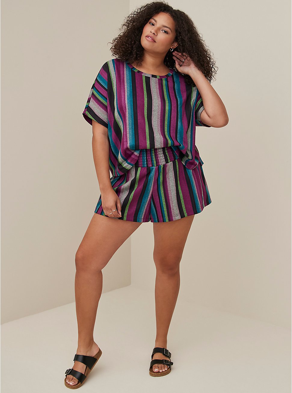 Plus Size Cover-Up Shorts - Light Weight Fleece Stripes, MULTI, hi-res