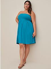 Plus Size Smocked Strapless Dress Cover-Up - Terry Blue, TEAL, alternate