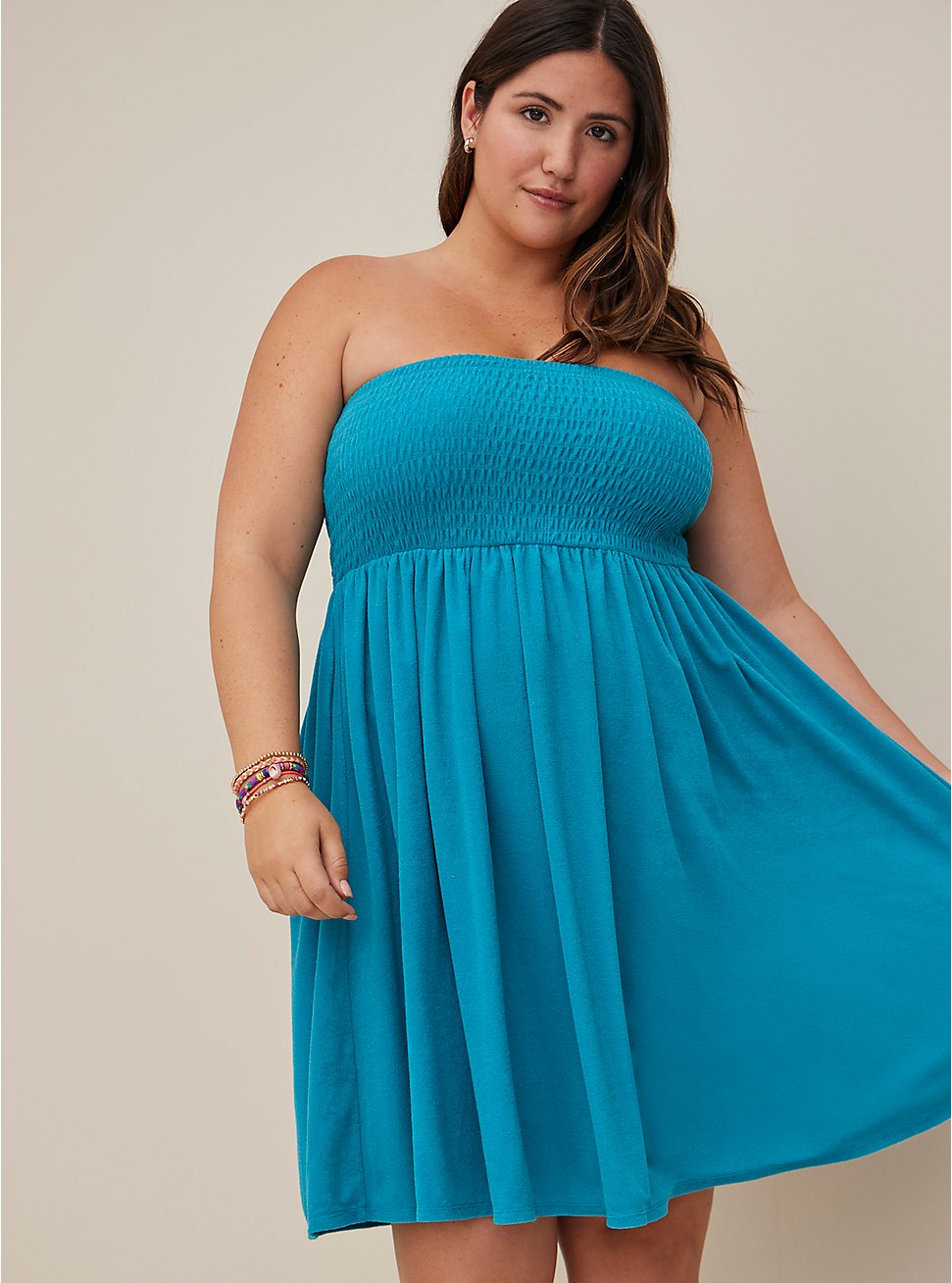 Smocked Strapless Dress Cover-Up - Terry Blue, TEAL, hi-res