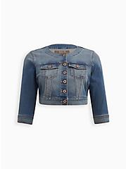 Plus Size Collarless Cropped Jacket - Super Soft Denim Dark Wash, MEDIUM BLUE WASH, hi-res