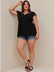 Plus Size Embroidered Babydoll Top - Textured Jersey Black, DEEP BLACK, alternate