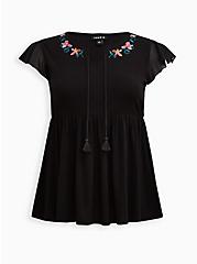 Plus Size Embroidered Babydoll Top - Textured Jersey Black, DEEP BLACK, hi-res