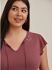 Plus Size Embroidered Babydoll - Textured Jersey Dusty Red, GINGER, alternate
