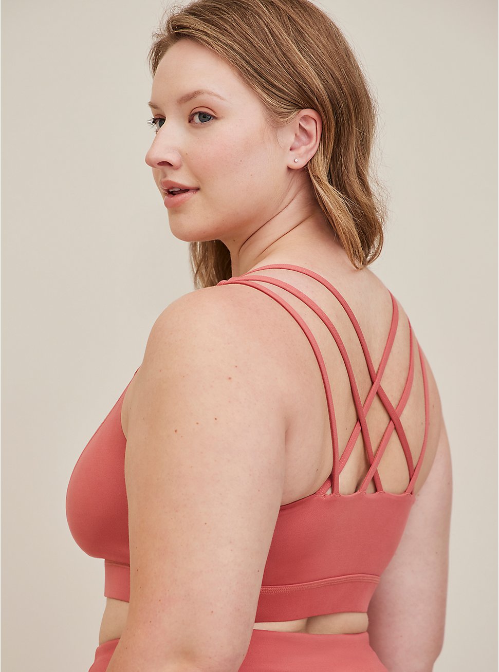 Plus Size Happy Camper Strappy Sports Bra - Super Soft Performance Jersey Pink, DUSTED CLAY, hi-res